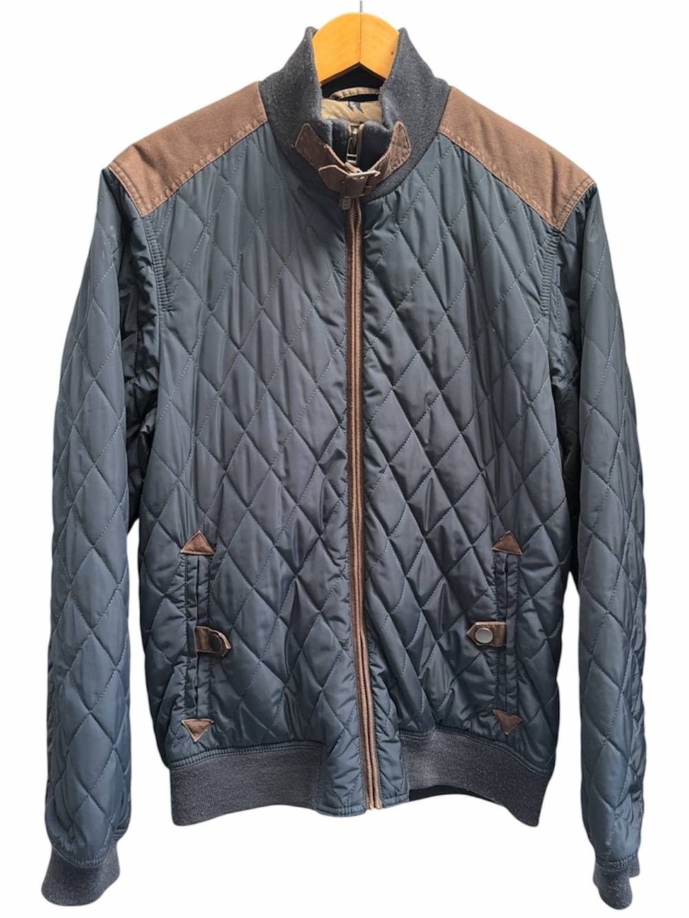 Ted Baker Men's Diamond Quilted Navy Jacket with Brown Accents Size 4 (L)